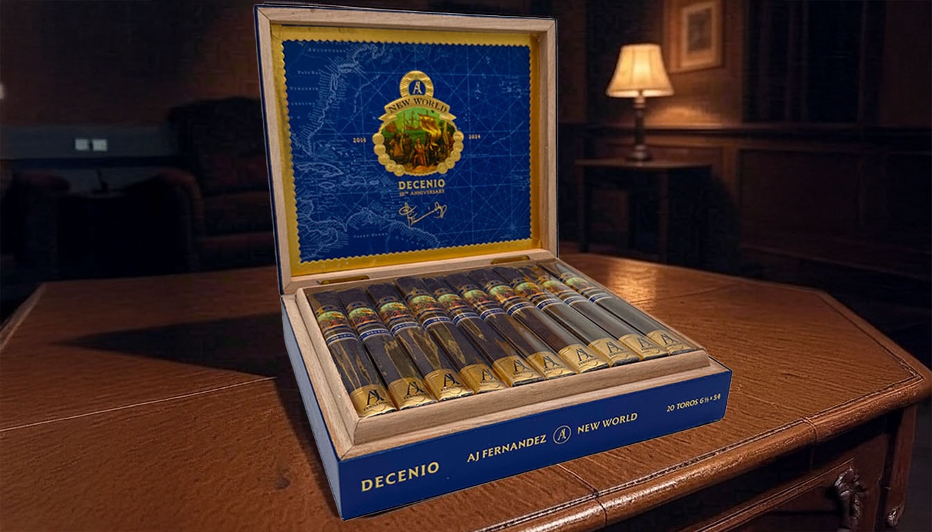 Overview of New World Decenio by AJ Fernandez, showcasing a blurred cigar box.