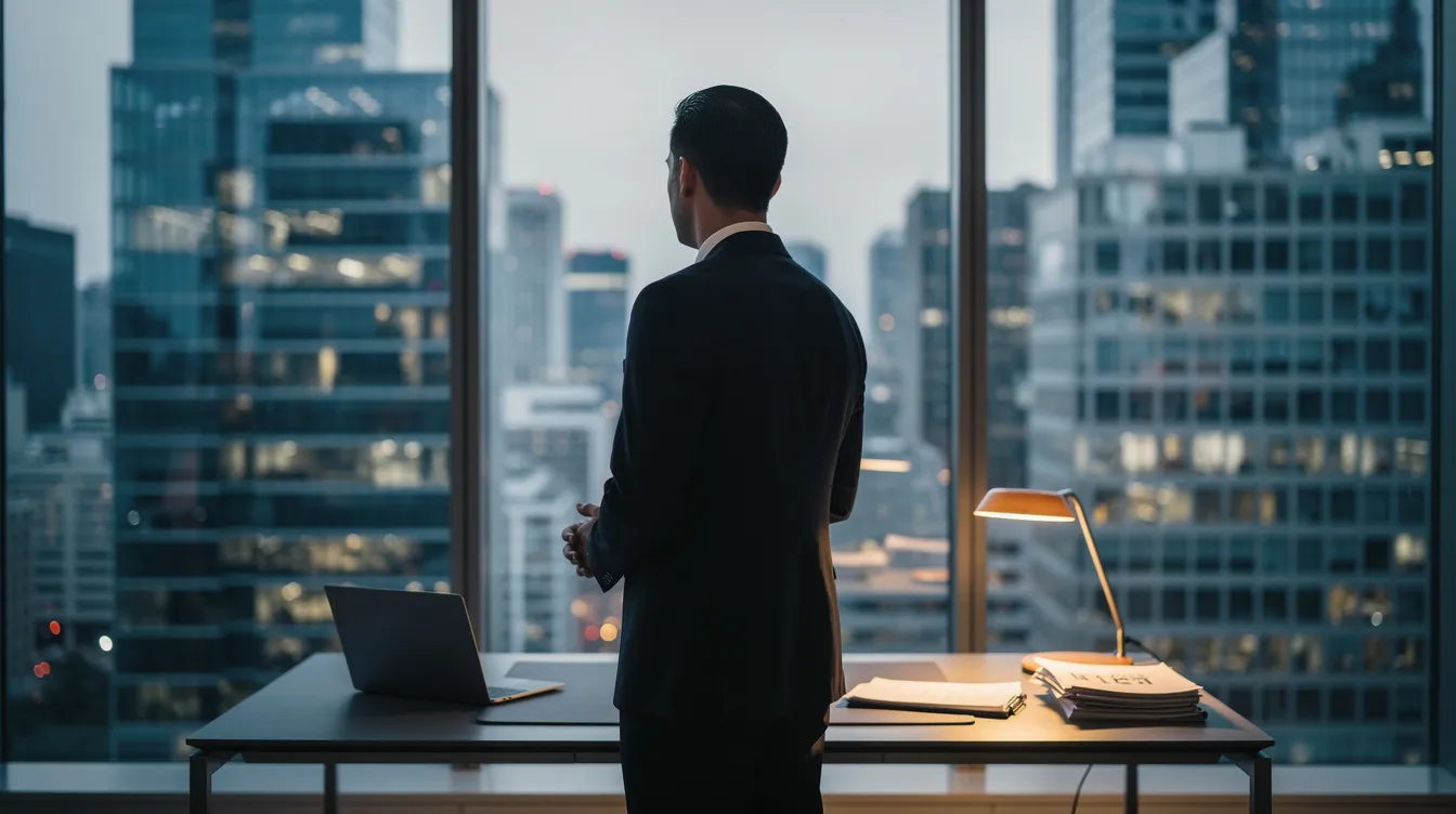 Un dirigeant pensif se tient devant une grande fenêtre de bureau, contemplant la ville en contrebas, symbolisant une phase d'introspection et de réflexion intérieure sur sa carrière et ses choix professionnels. Cette image évoque le développement personnel et la connaissance de soi, essentiels pour mieux se connaître et prendre des décisions éclairées.