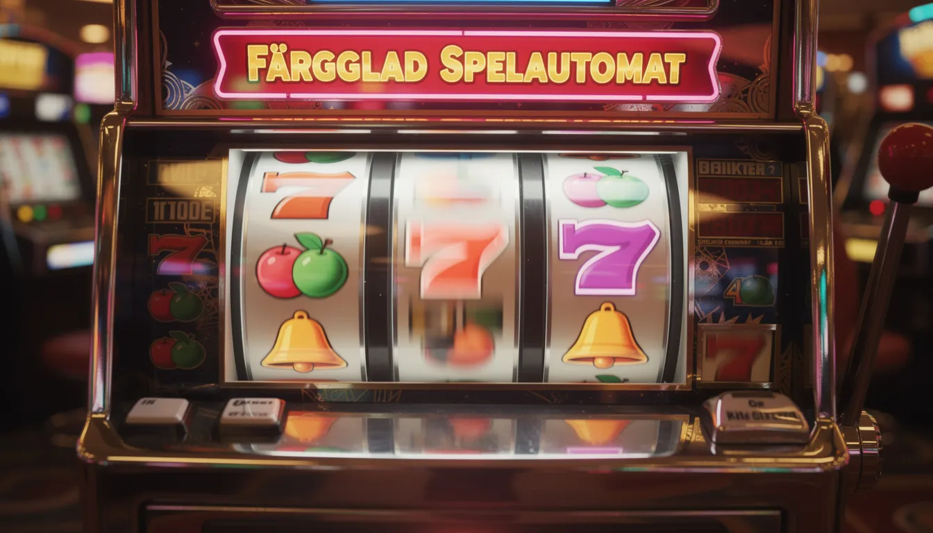 En färgglad spelautomat med snurrande hjul visar symboler som frukter och stjärnor, vilket skapar en livlig atmosfär för spelare. Denna typ av spel är en del av utbudet på pokerstars casino, där du kan njuta av spännande spelupplevelser.