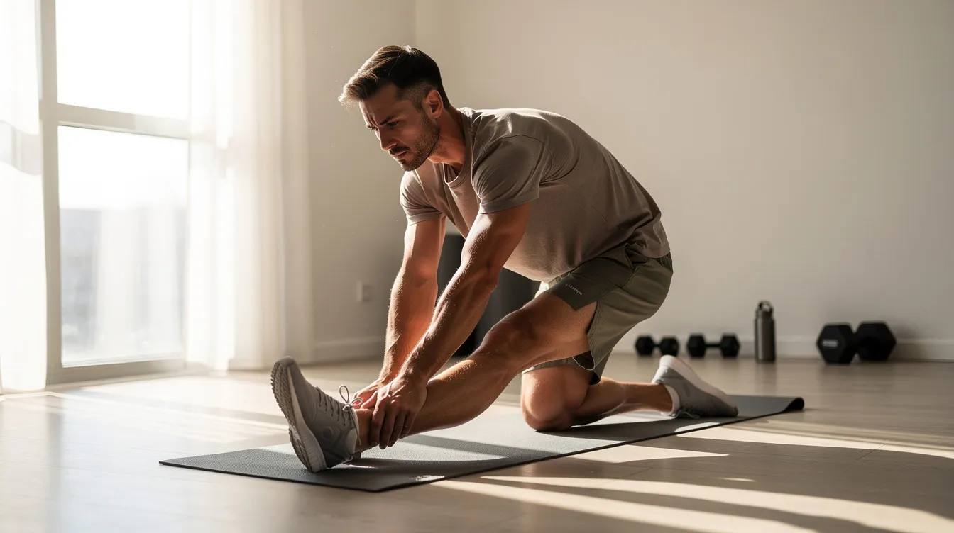 A man is seen stretching and preparing for exercise in a well-lit room, embodying discipline and a daily routine. The image conveys a sense of focus and commitment to physical fitness, which can enhance overall well-being and improve aspects of life, including a satisfying sex life.