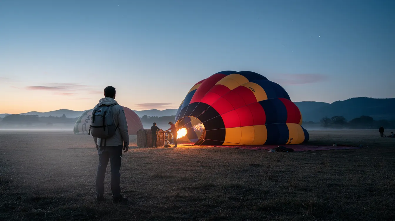 Un viajero observa con asombro cómo se infla un globo aerostático en el valle de Capadocia, justo antes del amanecer. El cielo comienza a iluminarse, creando un hermoso paisaje que promete una experiencia mágica de vuelo en globo por la capadocia.