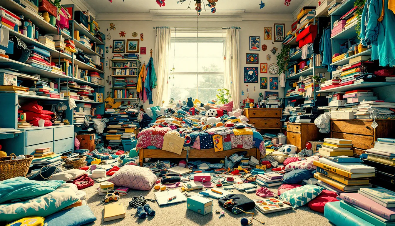 A messy bedroom filled with clutter, representing a hoarder's bedroom.
