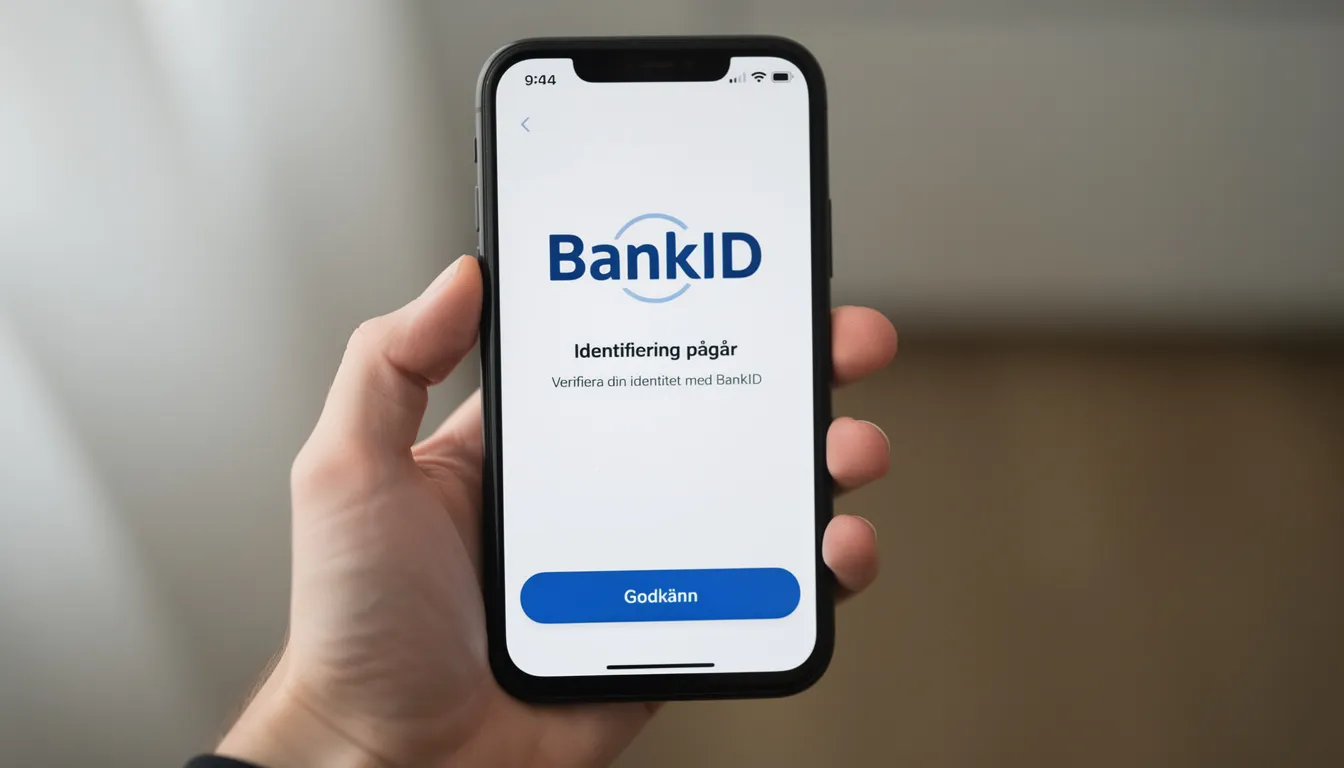 En hand håller en smartphone med BankID-appen öppen, redo för verifiering. Detta verktyg används ofta av spelare som vill komma igång med online casino, inklusive snabbare insättningar och uttag.