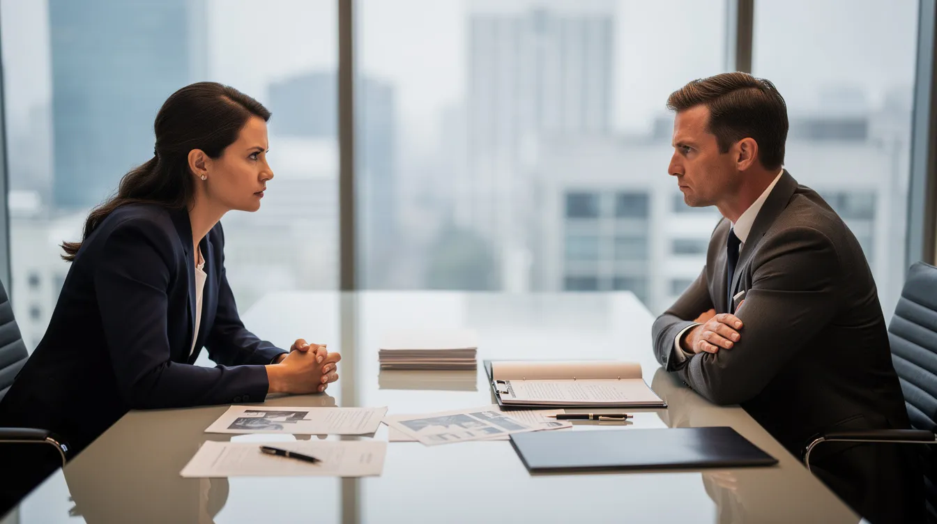 The image depicts two business professionals sitting across from each other at a conference table, surrounded by documents, exhibiting tense body language that suggests a business partnership dispute. Their posture indicates a serious discussion likely related to a partnership agreement or potential legal action regarding company assets.
