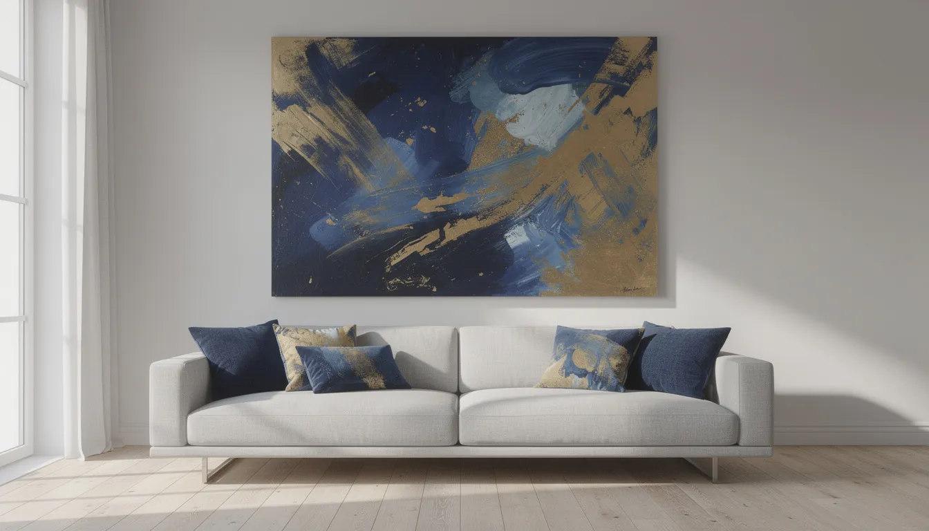En stor tavla med abstrakta motiv i blå och gyllene toner hänger över en modern soffa med matchande kuddar, vilket ger rummet en elegant och stilren känsla. Detta konstverk passar perfekt i vardagsrummet och bidrar till en unik inredning.
