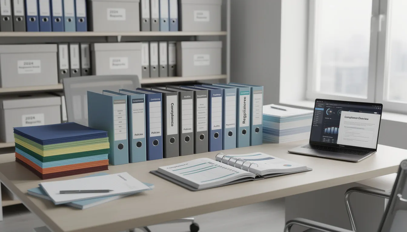 The image depicts a neatly organized office space filled with files and documents related to compliance documentation, essential for effective risk management and regulatory compliance. This setup supports the in-house legal team in addressing legal matters and aligning with the company's business objectives.