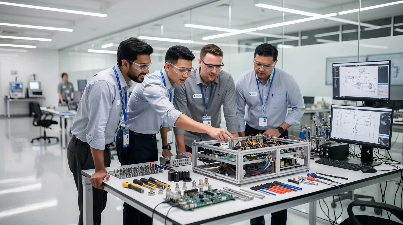 A group of engineers is collaborating around a prototype in a modern laboratory, discussing innovative design elements that could enhance their research and development efforts. Their teamwork exemplifies the importance of qualified research activities and the potential for significant tax savings through federal and state credits.