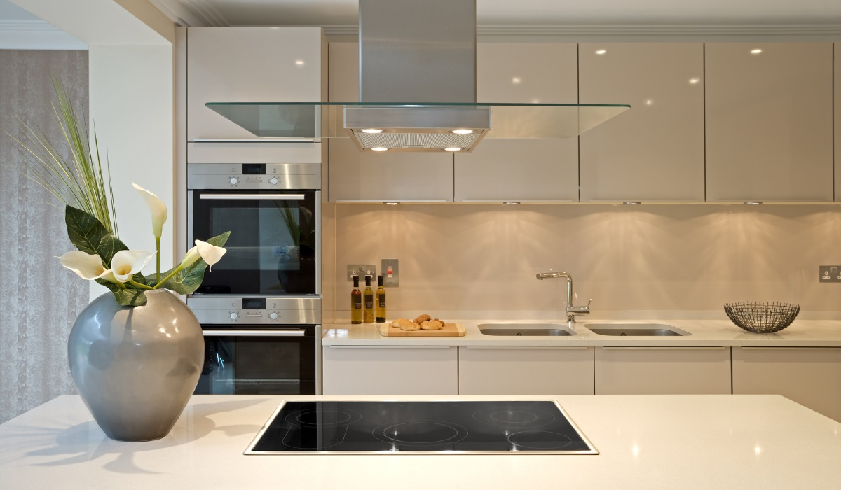 Steel socket covers and switches in a modern kitchen