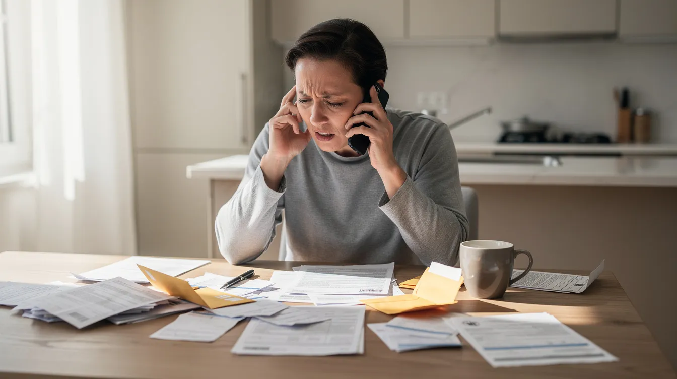 A person is sitting at a kitchen table, engaged in a phone conversation while surrounded by paperwork related to a workers compensation claim. The scene conveys the importance of communicating with a workers compensation attorney to navigate issues like medical bills and lost wages following a workplace injury.