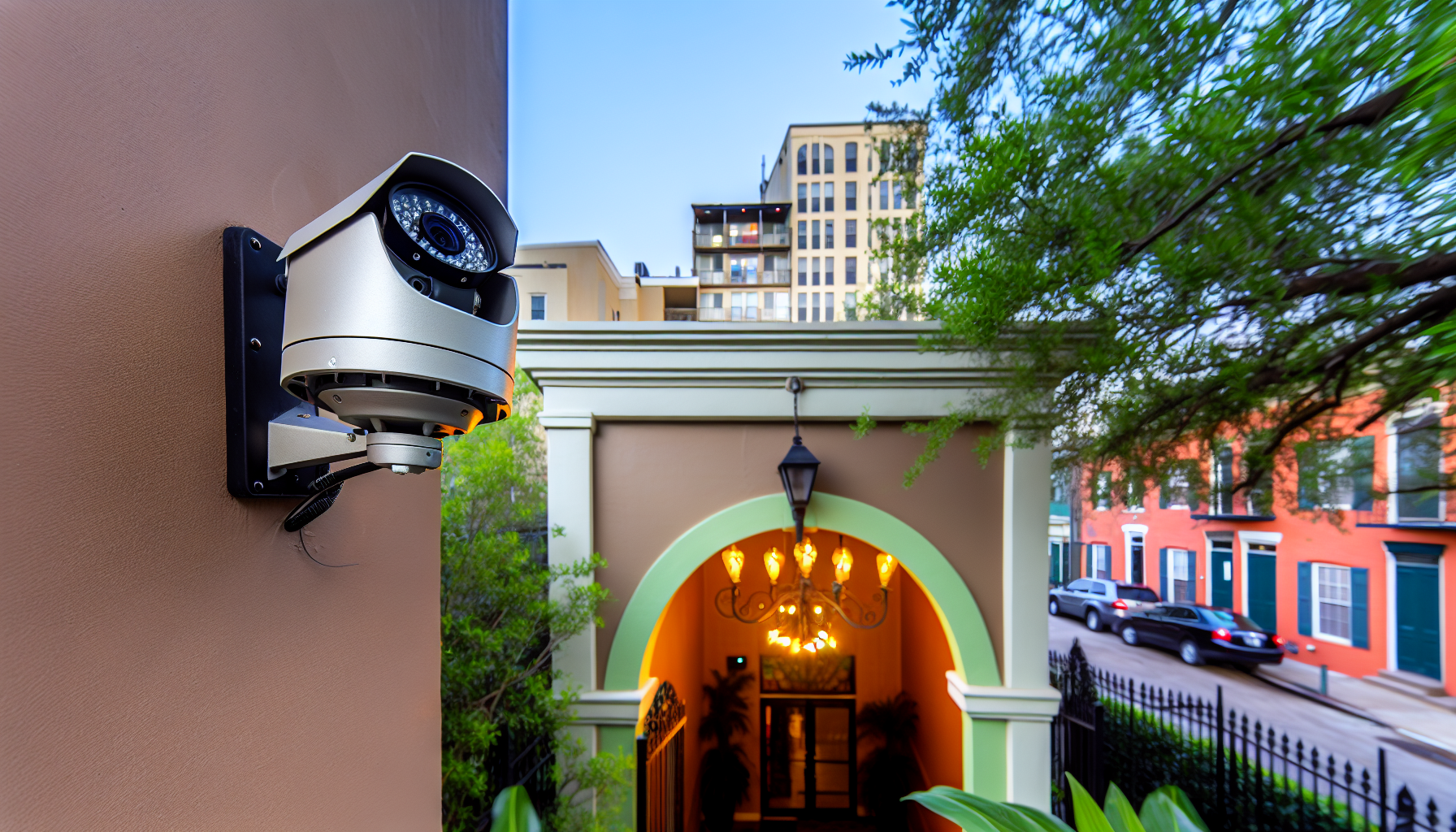 Security camera overlooking the entrance of a multi-family residential property in New Orleans