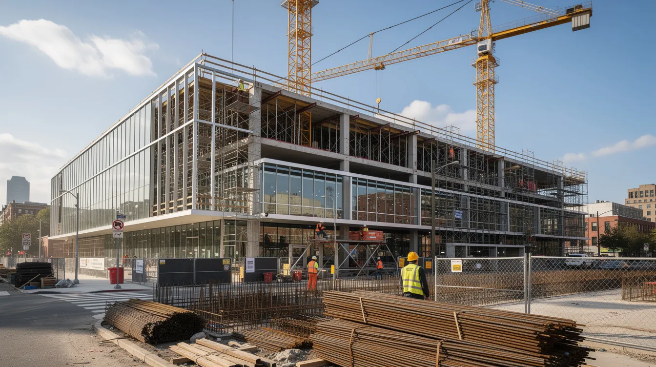 The image depicts a modern commercial building under construction, featuring cranes and scaffolding that illustrate the ongoing construction project. This scene highlights the importance of performance bonds in construction, ensuring that project owners are financially protected against potential contractor failures.