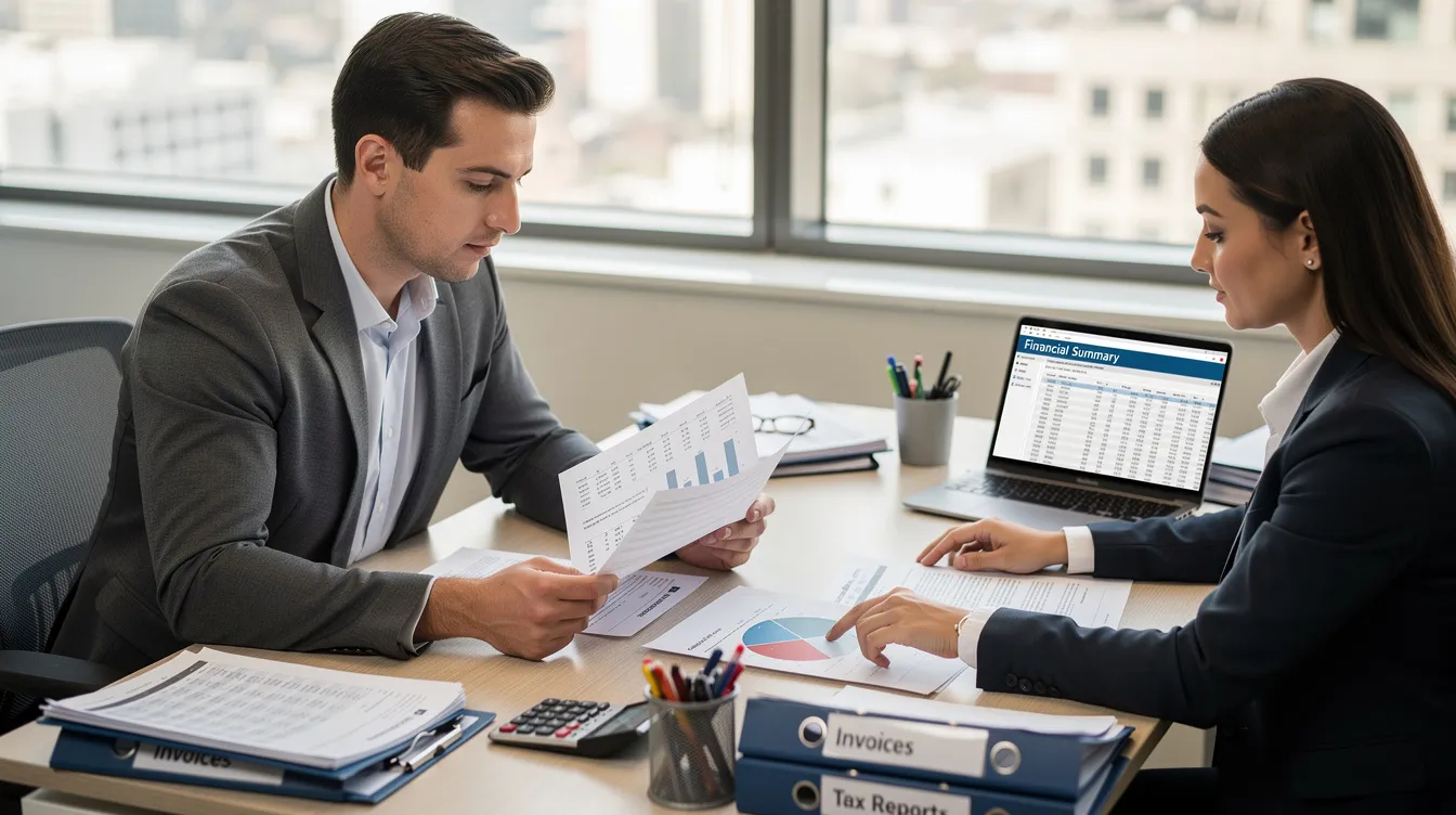 A business owner is sitting at a desk, reviewing financial documents with an accountant, discussing details related to employee retention tax credits and payroll tax credits. The scene highlights the importance of understanding eligibility requirements and ERC claims for eligible businesses to maximize their financial recovery.