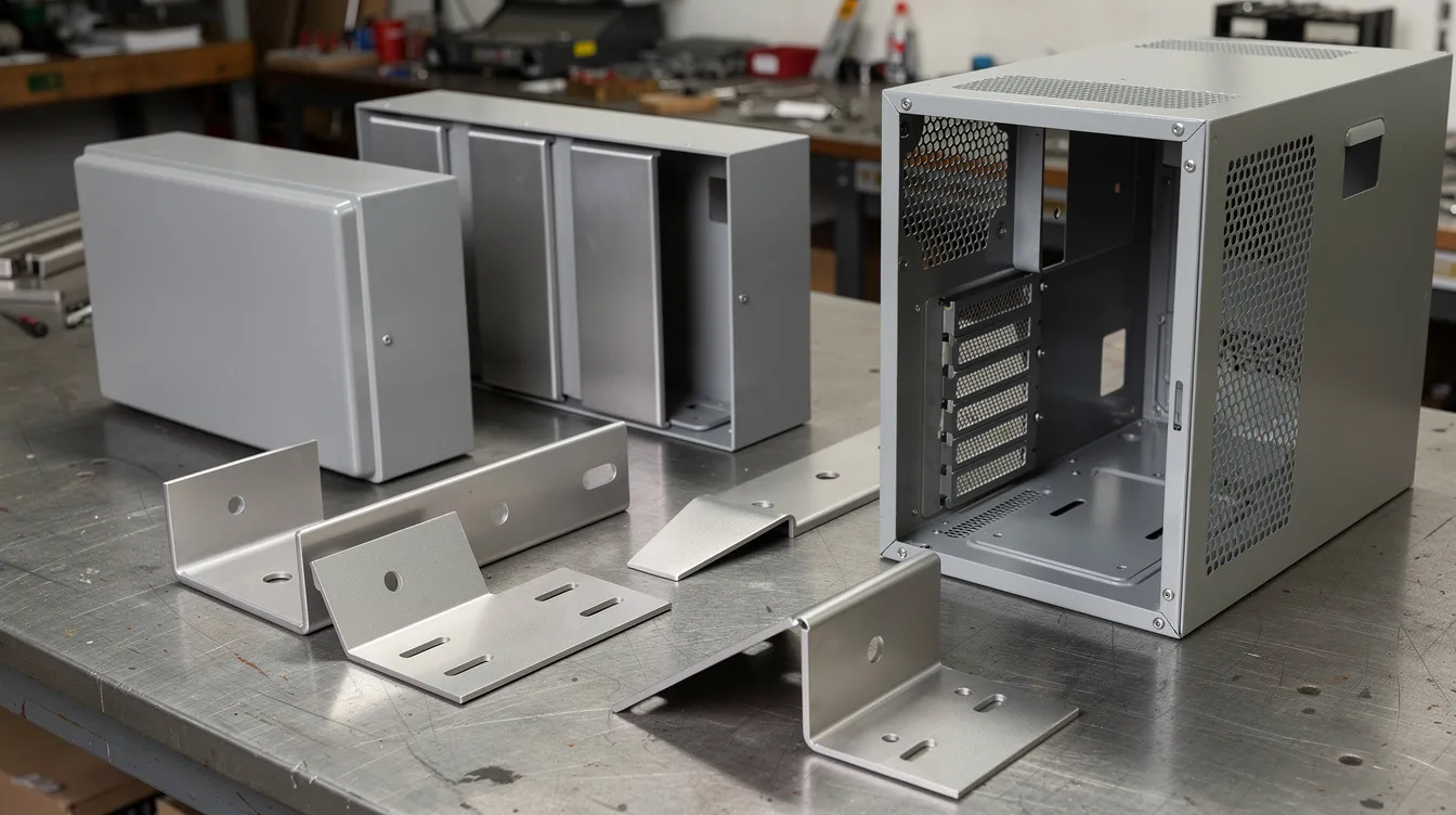 The image showcases a variety of fabricated sheet metal parts, including brackets, enclosures, and chassis, neatly arranged on a workbench. These components highlight the precision of the sheet metal fabrication process, demonstrating their structural integrity and potential applications in industries such as automotive and consumer electronics.
