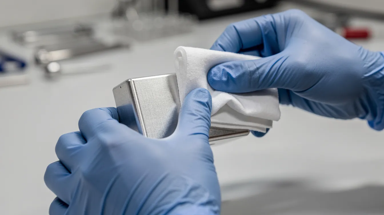 A technician wearing nitrile gloves is carefully wiping down a small aluminum part with a white lint-free cloth to ensure a clean aluminum surface for optimal adhesion before painting. The process involves removing dust and particles to prepare the surface for the application of a self-etching primer or top coat.