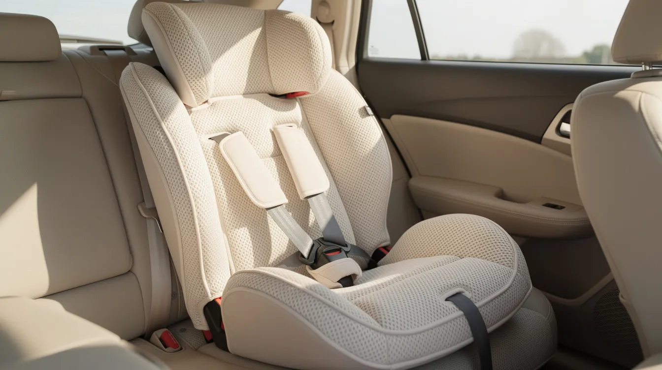 A child car seat is shown with a light-coloured, breathable summer cover, designed to keep kids cool and comfortable during long drives. This essential car accessory enhances the driving experience for families, ensuring safety and comfort for passengers in most vehicles.