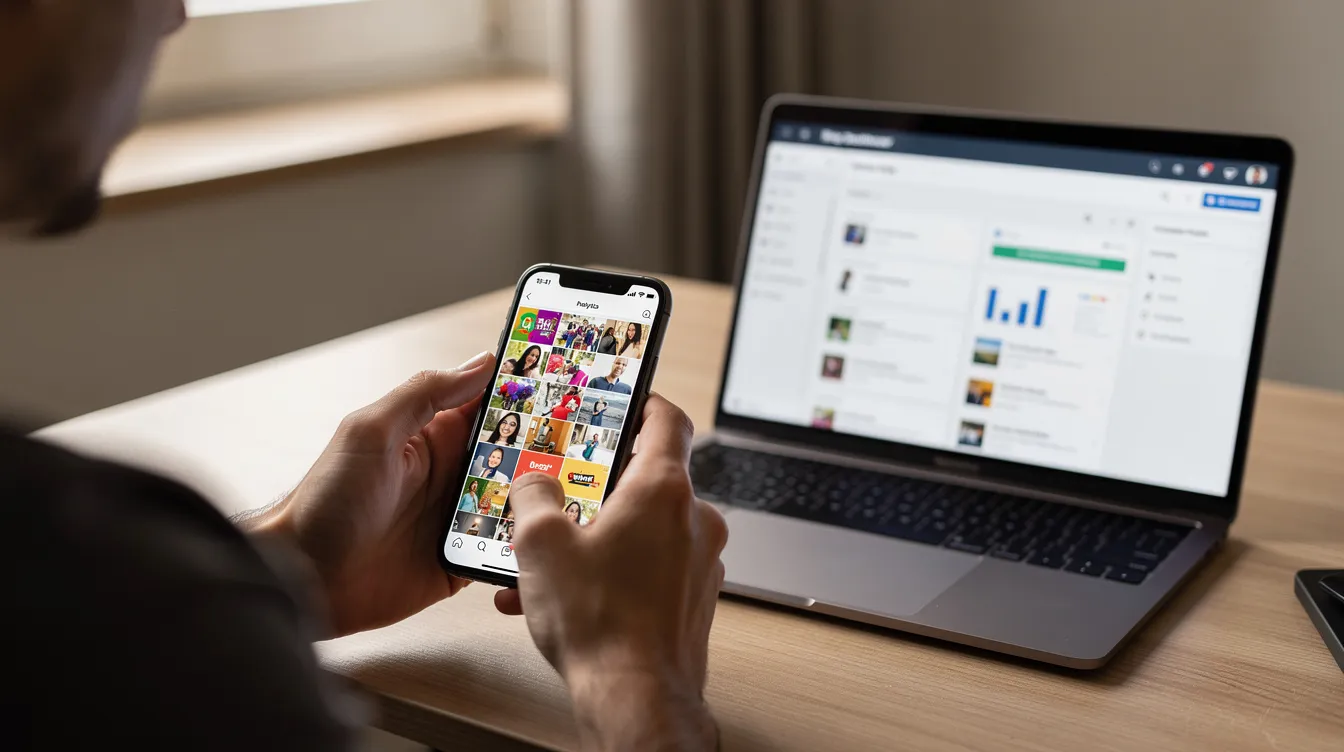 Eine Person scrollt durch soziale Medien auf ihrem Smartphone, während im Hintergrund ein Laptop mit einem offenen Blog-Dashboard zu sehen ist, das Ideen für Blogbeiträge anzeigt. Diese Szene symbolisiert die Verbindung zwischen sozialen Medien und dem Erstellen von Inhalten für ein Publikum in der Blogging-Industrie.
