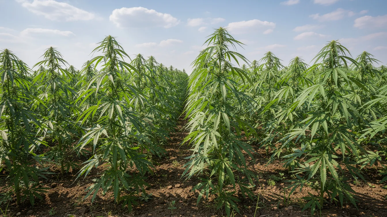 The image depicts a lush hemp field filled with tall green plants stretching towards a bright blue sky, symbolizing the agricultural potential of hemp in Maryland. This scene reflects the growing interest in hemp-derived products and the evolving regulations surrounding cannabis and its derivatives, including delta 8 THC, in the state.
