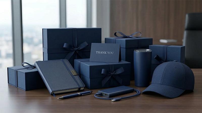 Premium corporate gift boxes with branded notebook, pen, tumbler, power bank, and cap on an office desk.