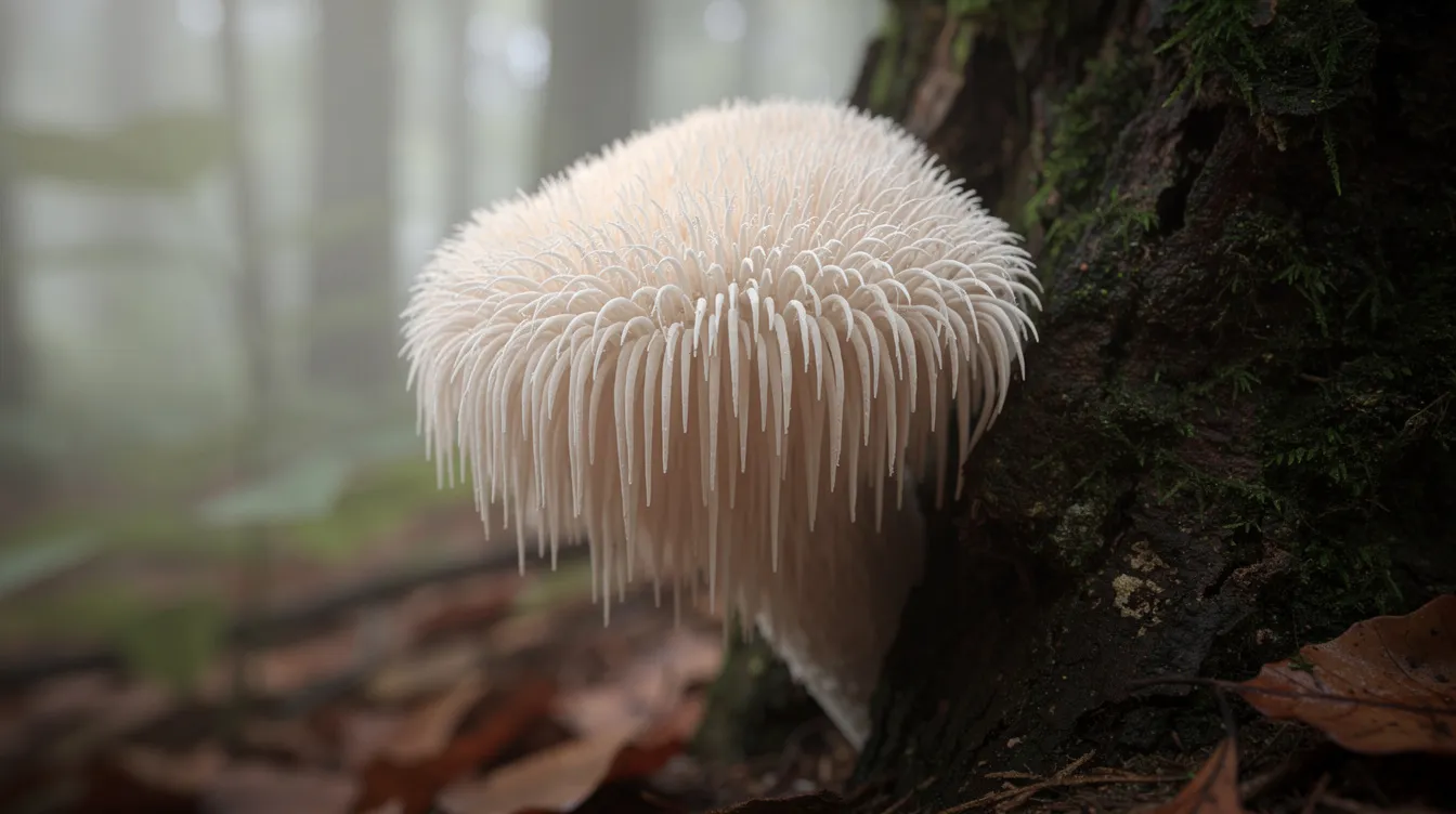 A close-up photograph showcases a white lion's mane mushroom growing on a tree trunk in a lush forest, highlighting its unique, cascading appearance. This functional mushroom is known for its potential health benefits, including support for cognitive function and overall well-being.