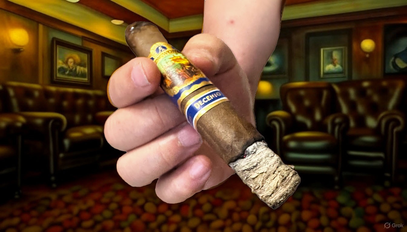 Expert reviews and ratings for New World Decenio cigars, featuring a blurred cigar in hand.