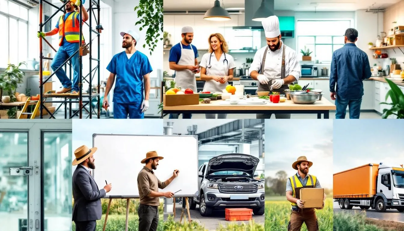 In the image, a diverse group of workers from various industries, including healthcare, construction, and office environments, are shown collaborating and engaging in their job duties. This representation highlights the importance of disability insurance, such as short term disability coverage, as a crucial safety net for employees facing work-related injuries or medical conditions.