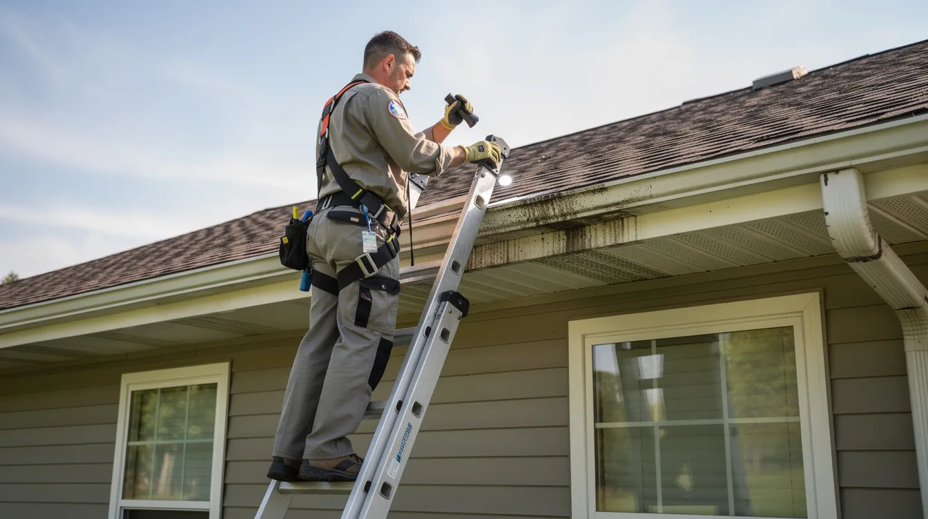A wildlife technician is inspecting the roofline and soffit area of a residential home from a ladder, looking for potential entry points where squirrels, such as the eastern grey squirrel, might nest or cause structural damage. This inspection is crucial for preventing squirrel infestations and ensuring the safety of both the wild animals and the home.
