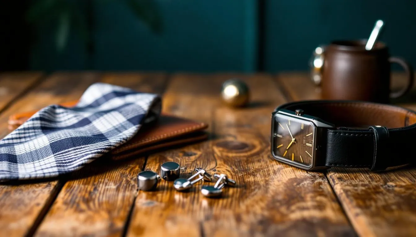 Na drewnianym stole znajdują się eleganckie akcesoria męskie, takie jak skórzany pasek i stylowy portfel, które mogą być doskonałym prezentem dla taty. Te oryginalne i praktyczne przedmioty idealnie sprawdzą się jako prezent na urodziny lub Dzień Ojca.