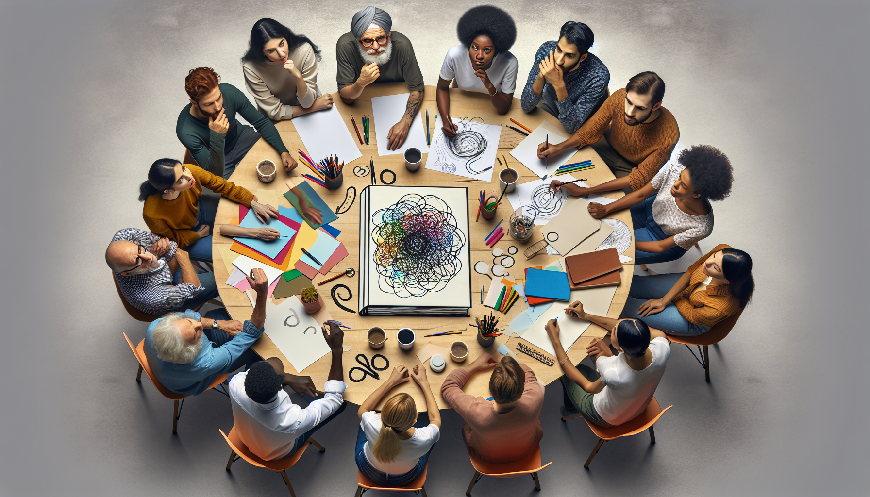 Illustration of a diverse team creating an innovative employee handbook