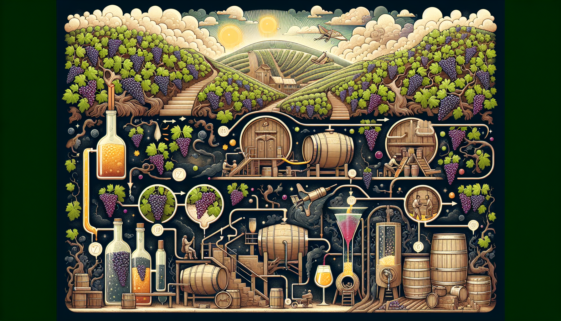 Illustration of the winemaking process from grape harvesting to bottling