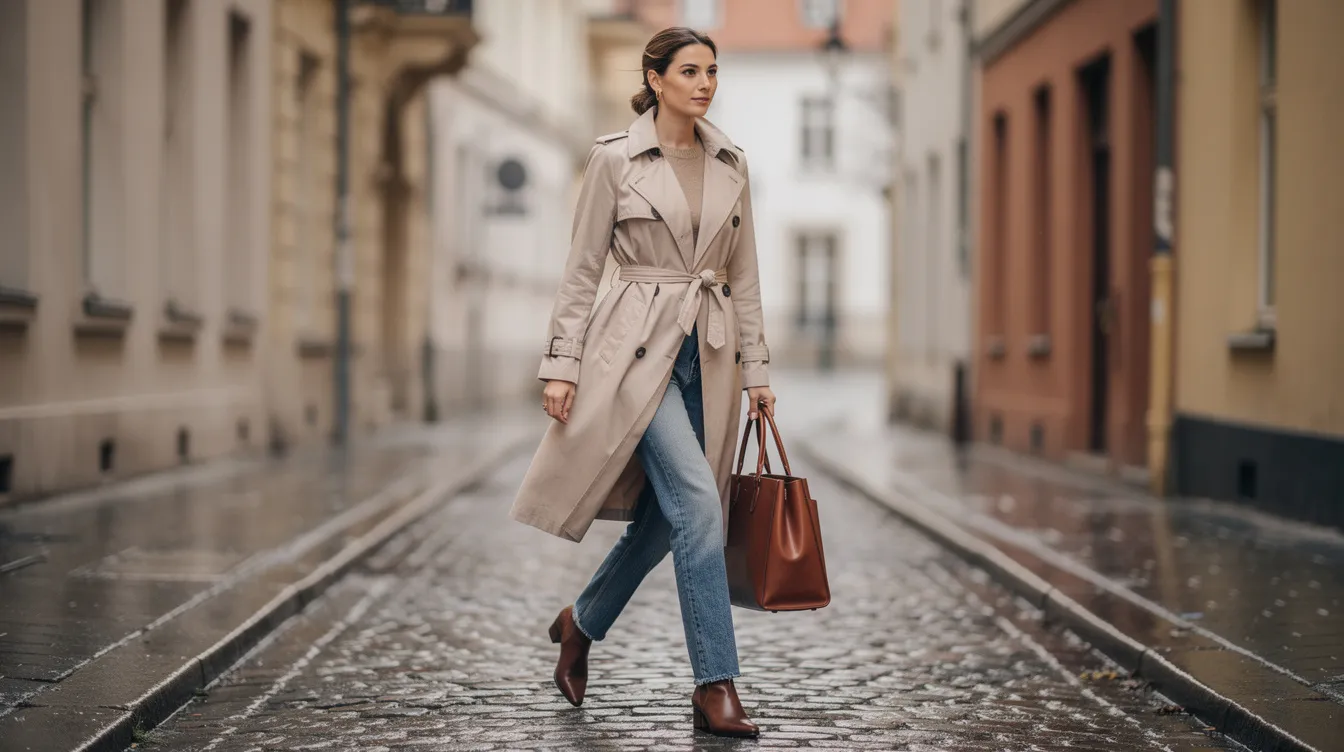 A stylish woman in a beige trench coat and straight jeans walks gracefully along a cobblestone street, carrying a chic leather tote bag, embodying the effortless style of French women. The scene captures a classic Parisian look, perfect for a hot summer day.