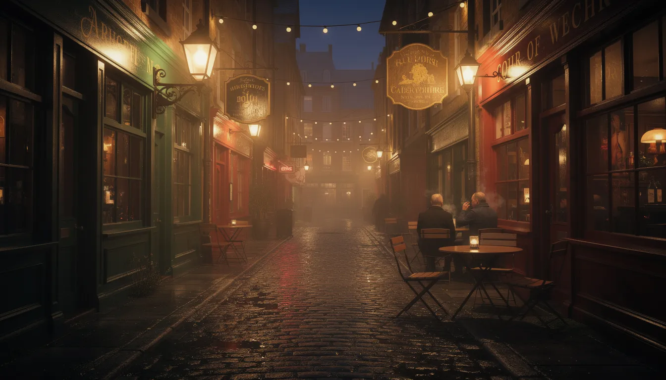 The image depicts a narrow cobblestone street in Gdansk, illuminated by warm lighting from traditional pubs, creating a lively atmosphere perfect for stag parties. This vibrant nightlife scene showcases the city's rich history and is a popular destination for unforgettable stag weekends, offering a variety of local beers and traditional Polish cuisine.