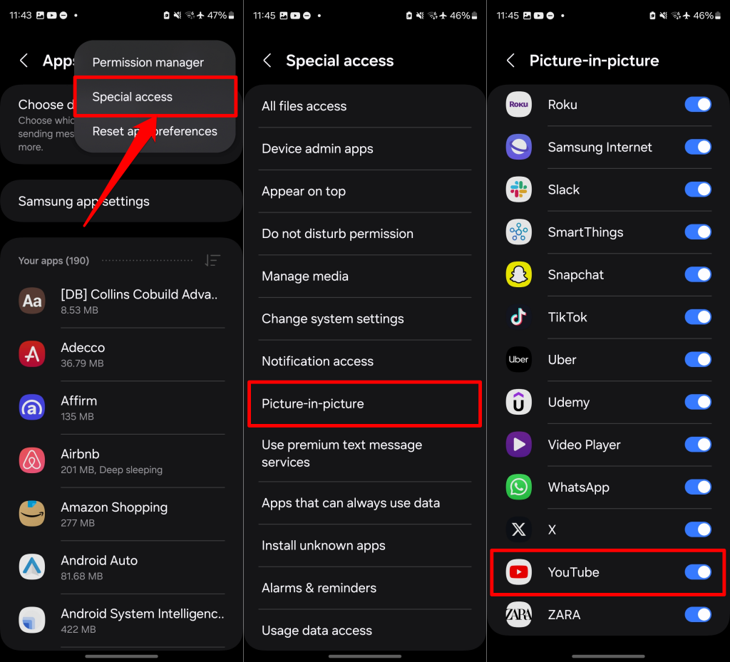 Steps to grant YouTube Picture-in-picture access in Android