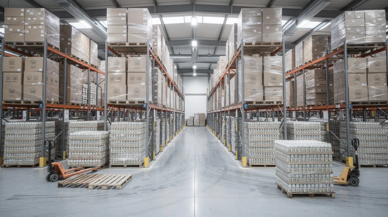 The image shows a large warehouse filled with palletized boxes of milk cartons neatly stacked on industrial shelving, indicative of a uht milk processing plant. This setup highlights the efficient organization and storage of various milk products, including flavored and pasteurized milk, ready for distribution.
