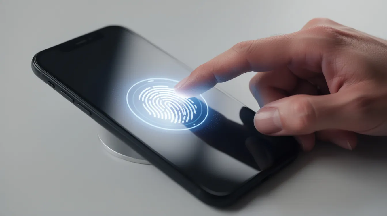 A close-up image shows a hand pressing a finger on a smartphone screen to use fingerprint authentication, likely for accessing the opay wallet app to withdraw cash or manage funds. The focus on the device highlights the simplicity of this secure method for banking and transactions.
