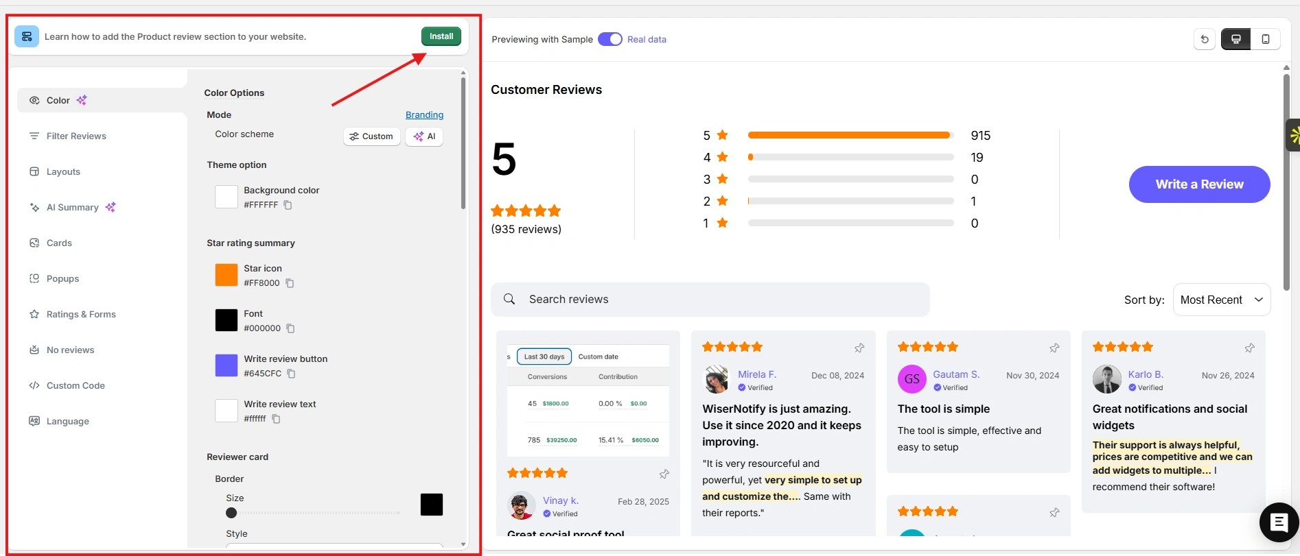 WiserReview widget customization