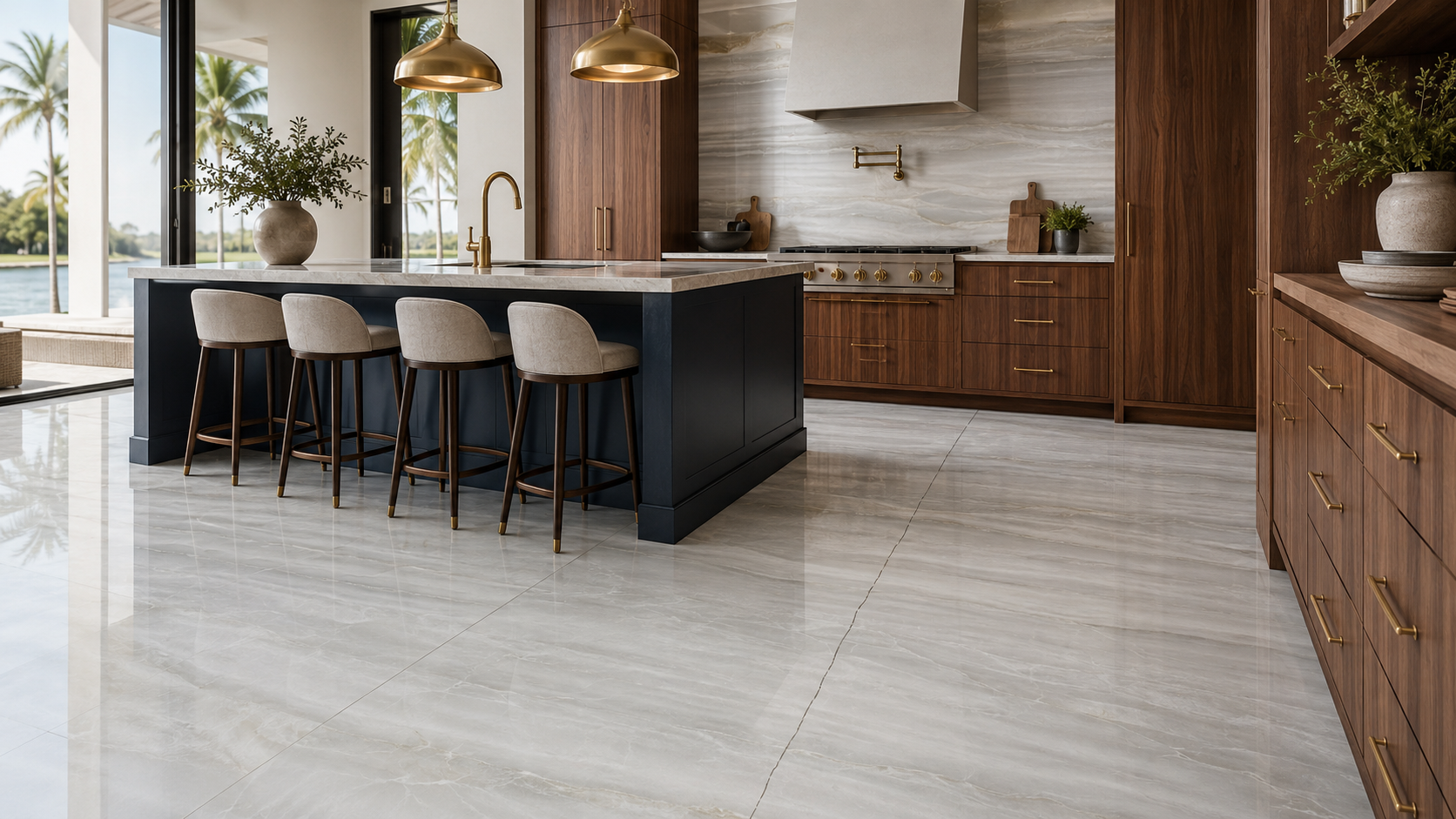 Cracked grout between large-format porcelain tiles in a luxury South Florida kitchen.