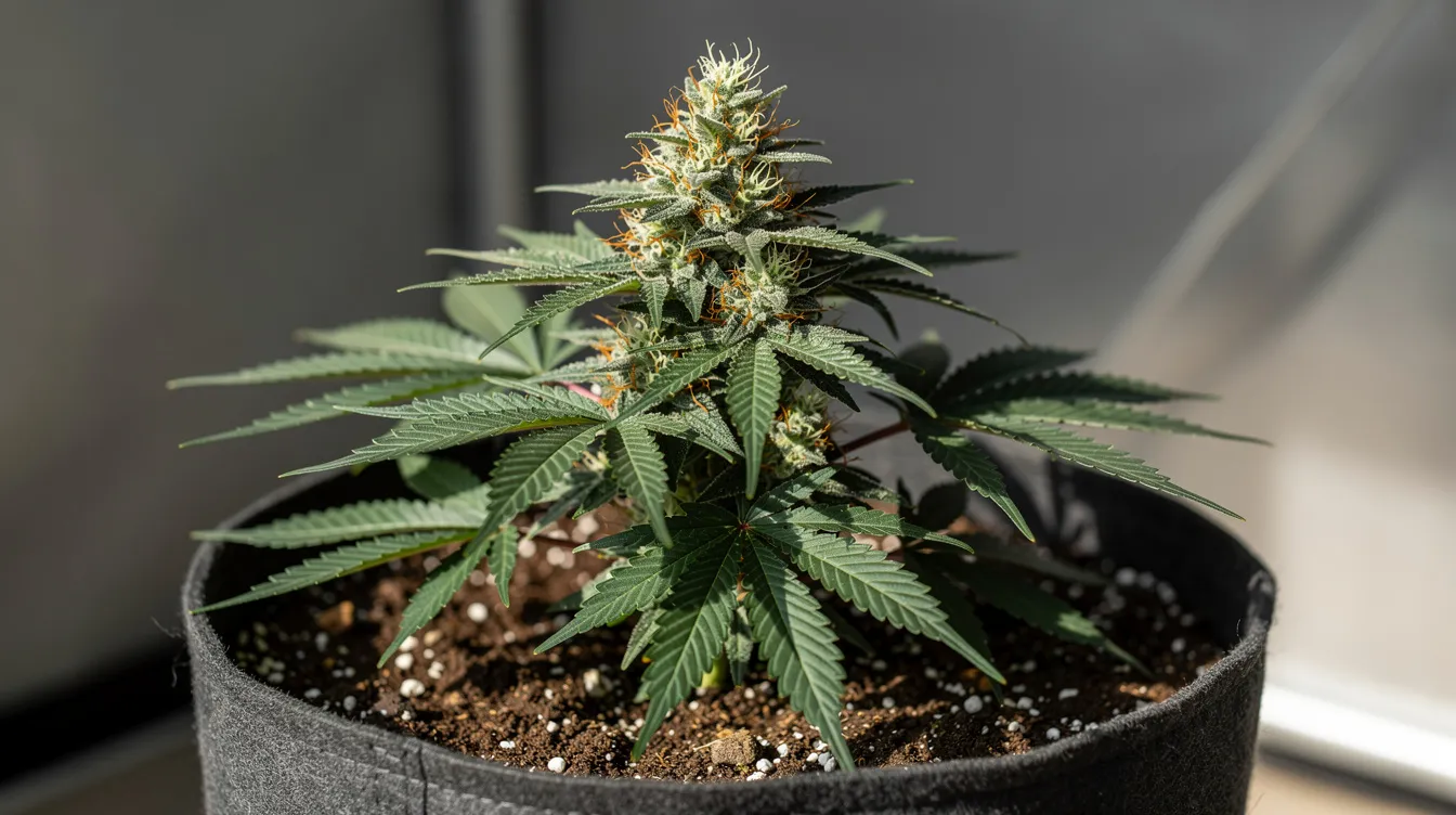 A healthy cannabis plant with multiple flowering tops is displayed in a fabric pot, showcasing vibrant green leaves and budding flowers. This image highlights the potential of growing cannabis indoors, possibly within a grow tent equipped with essential accessories like grow lights and a ventilation system.