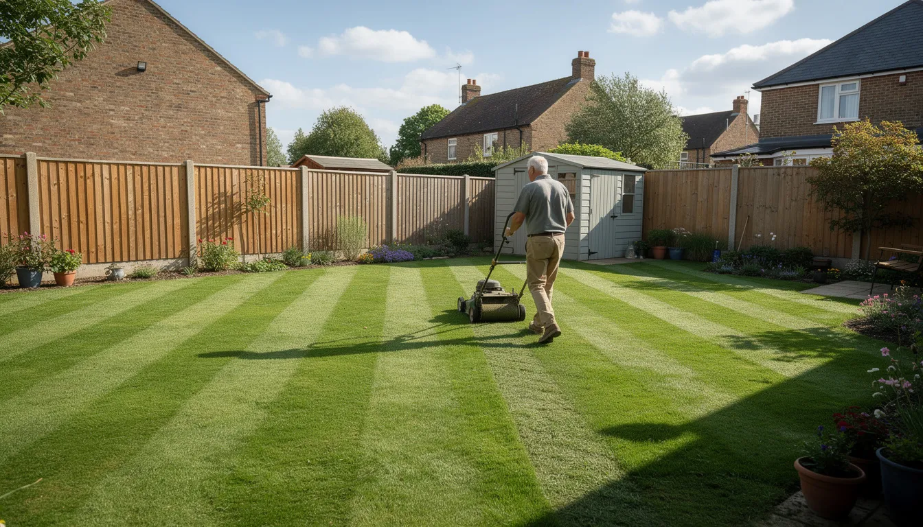 A person is pushing a cylinder mower across a well-striped green lawn in a typical British back garden on a sunny day. The scene captures the essence of lawn care, showcasing the beauty of well-maintained grass and the peaceful outdoor space.