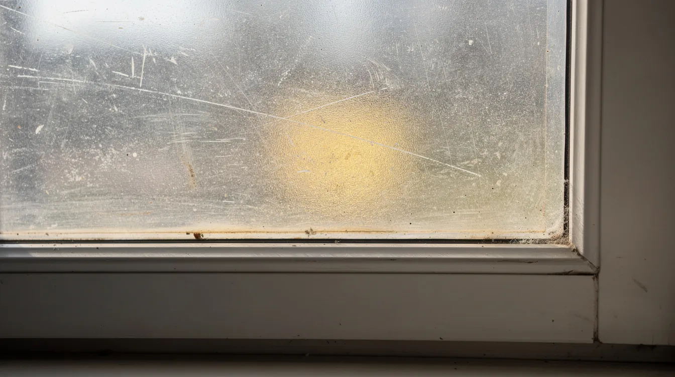 The image shows a polycarbonate window installed in a frame, displaying noticeable scratches and yellowing, which indicate wear over time. This example highlights the durability and impact resistance of polycarbonate compared to traditional glass windows, making it a suitable choice for various industrial applications.