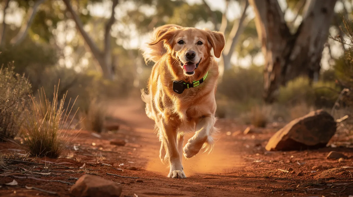 A golden retriever wearing a GPS dog collar is joyfully running through the vibrant Australian bushland, showcasing its active lifestyle. This pet tracker ensures accurate location tracking, allowing dog owners to monitor their furry friend's whereabouts during outdoor adventures.
