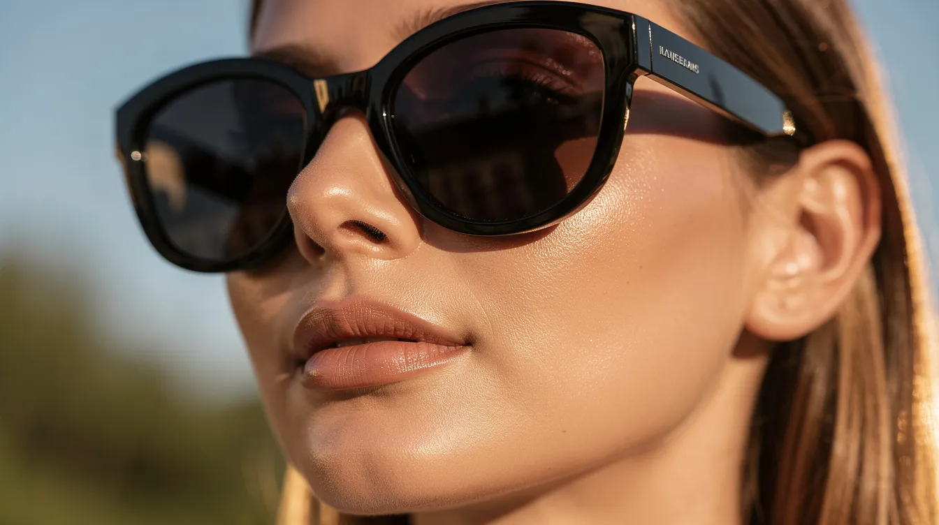 A person is outdoors on a sunny day, wearing large dark sunglasses that shield their eyes, while showcasing their healthy, glowing skin. This image reflects a sense of confidence and recovery, possibly after eyelid surgery, highlighting the healing process and the importance of sun protection during the recovery timeline.