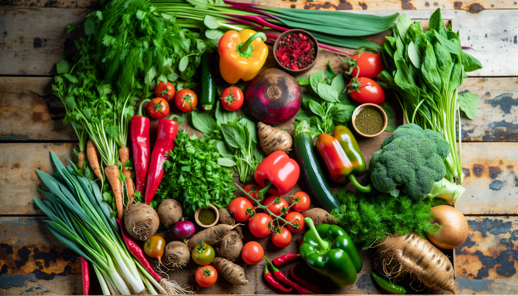 Variety of fresh vegetables and herbs