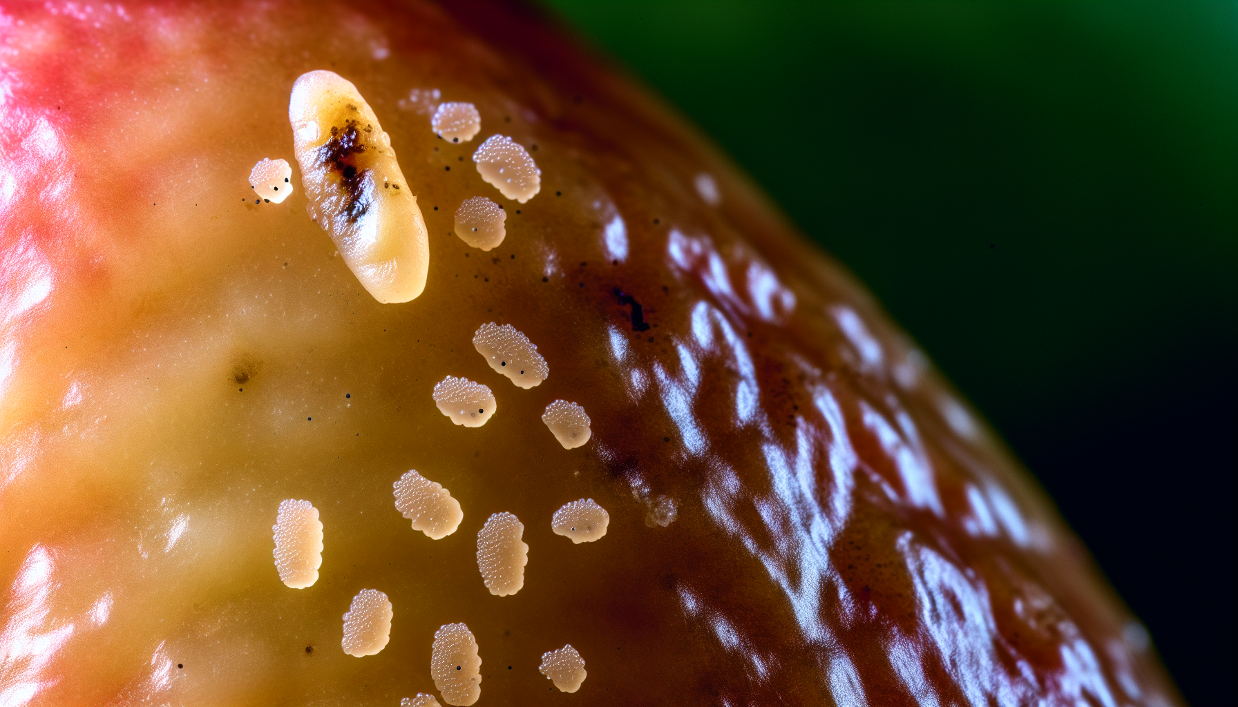 Photo of fruit fly eggs on a piece of fruit