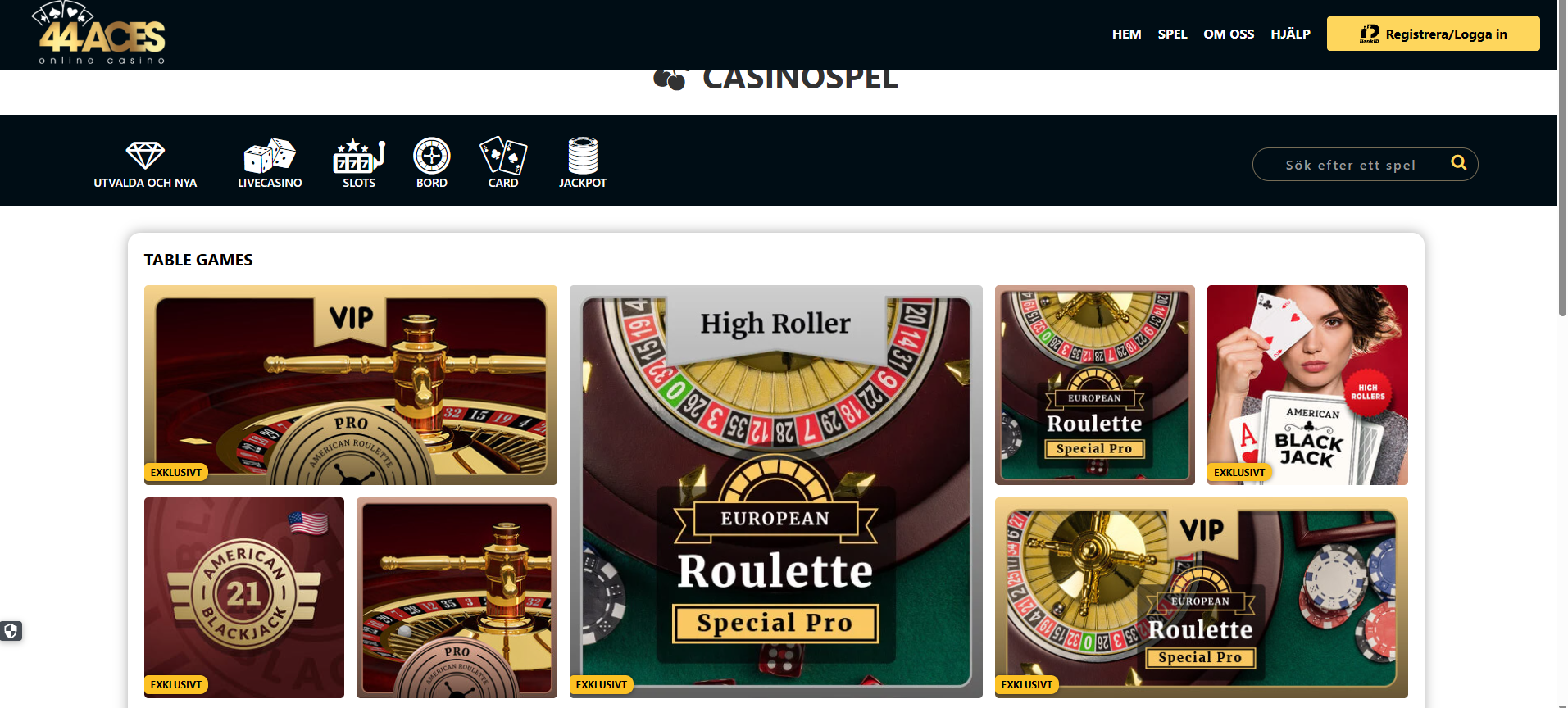 Bordsspel hos 44Aces med roulette och blackjack.