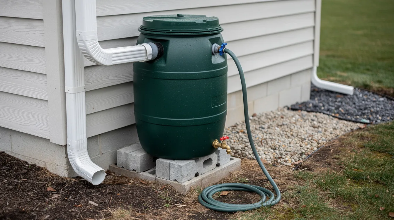 The image shows a rain barrel connected to a residential downspout, designed for rainwater harvesting, with an overflow hose attached. This setup enables the collection of harvested rainwater for outdoor purposes such as lawn and garden irrigation, promoting water conservation and efficient use of water resources.