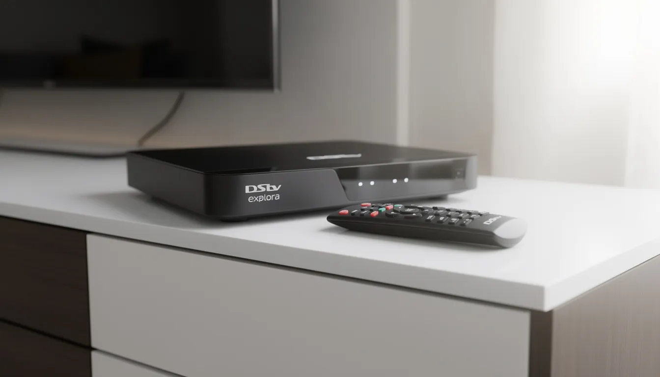 A close-up image of a DStv Explora decoder alongside its remote control, placed on a sleek modern TV cabinet, showcasing the essential components for a professional DStv installation. This setup highlights the importance of quality equipment for optimal signal reception and comprehensive DStv services.