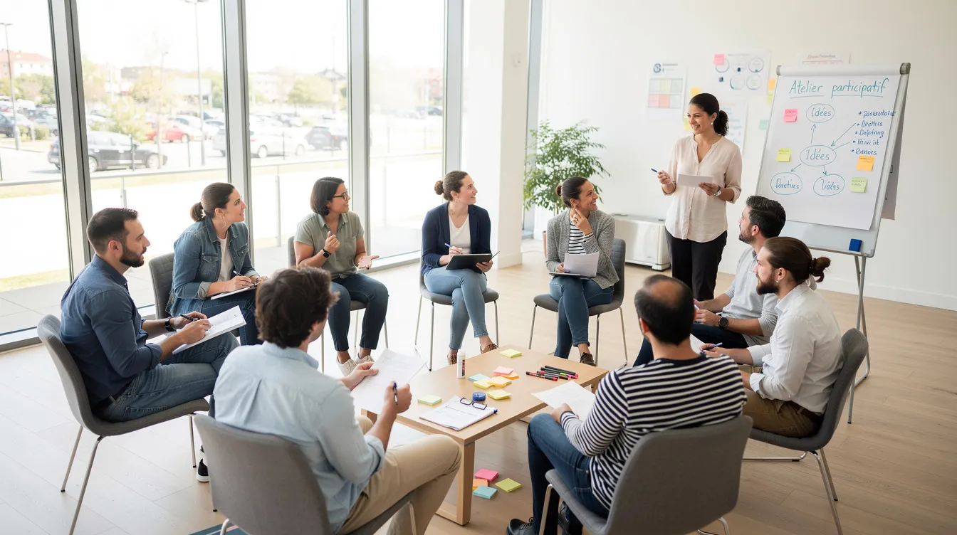 Une équipe est réunie en cercle dans un espace lumineux, participant à un atelier de travail collaboratif. Cette image illustre l'intelligence collective en action, où chaque membre contribue à la réflexion collective et à la prise de décision, favorisant ainsi la créativité et l'innovation.