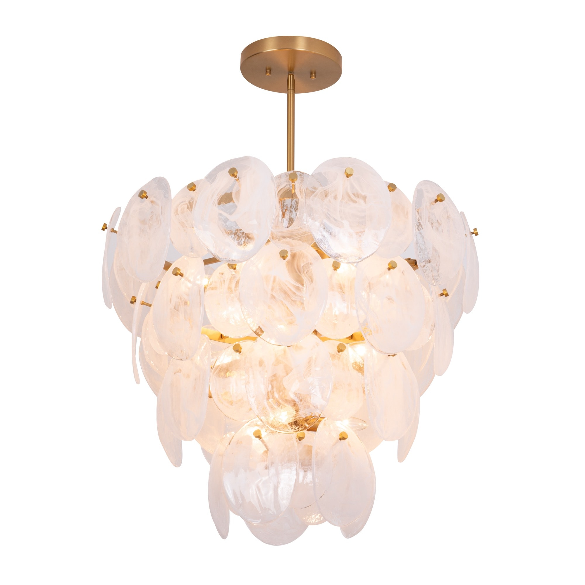 Artcraft Lighting Lily 13-Light Chandelier with layered frosted glass discs and brushed brass frame, modern statement ceiling light fixture
