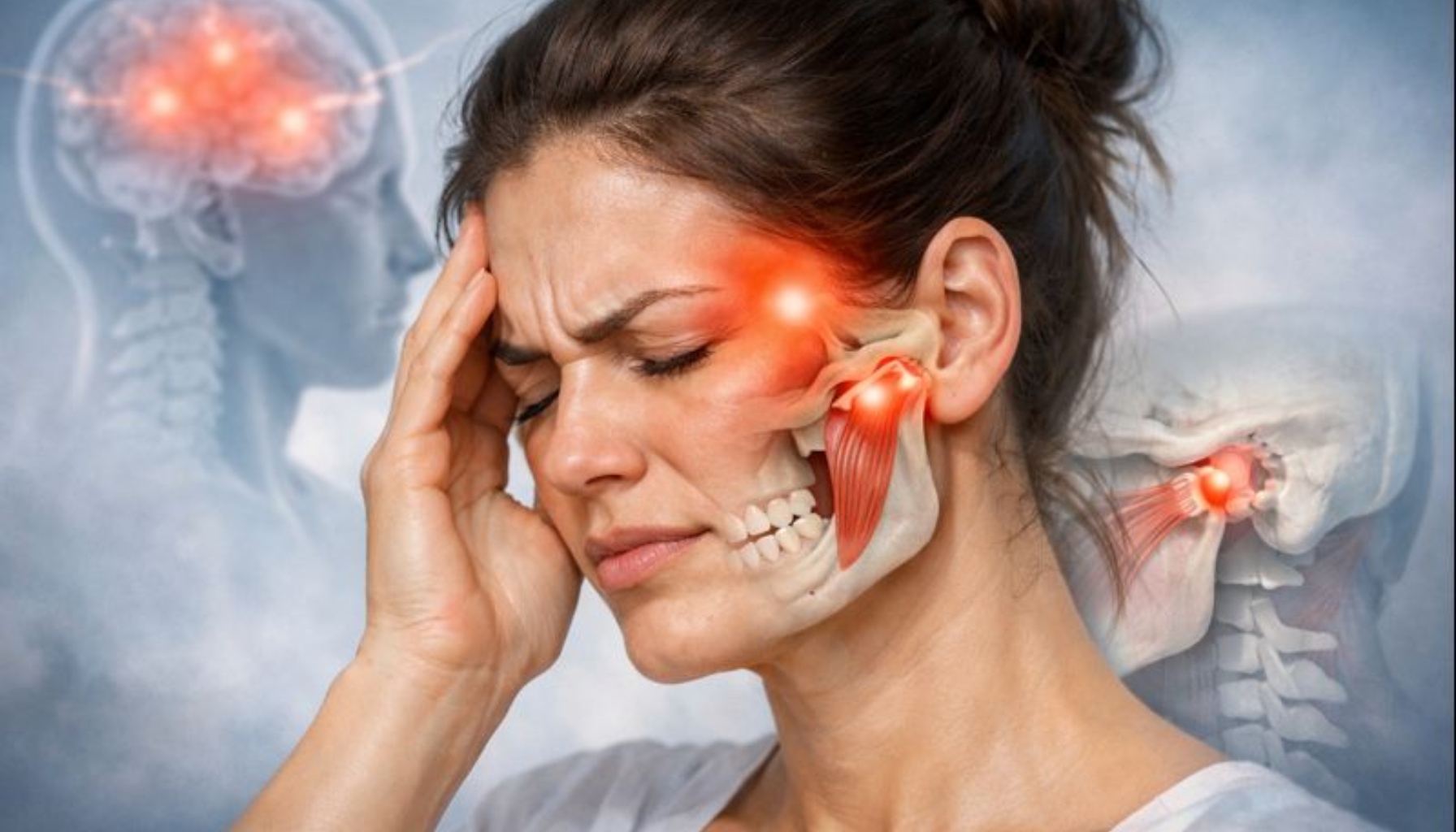 Spenningshodepine: Kan Komme Fra Kjeven 12 Kvinne med smerter i tinningen og kjeven, markert betennelse i kjeveledd og muskulatur på anatomisk illustrasjon.