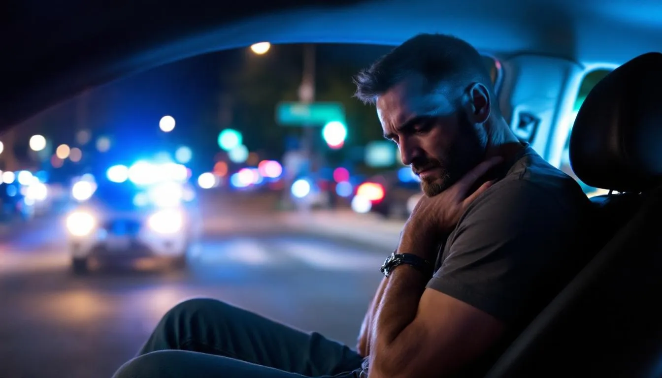 An image depicting a police officer administering a DUI breath test to a driver at a roadside checkpoint, highlighting the importance of blood alcohol concentration (BAC) and the legal limit for driving under the influence in California. The scene emphasizes the serious consequences of drunk driving and the legal repercussions, including potential license suspension and DUI charges.
